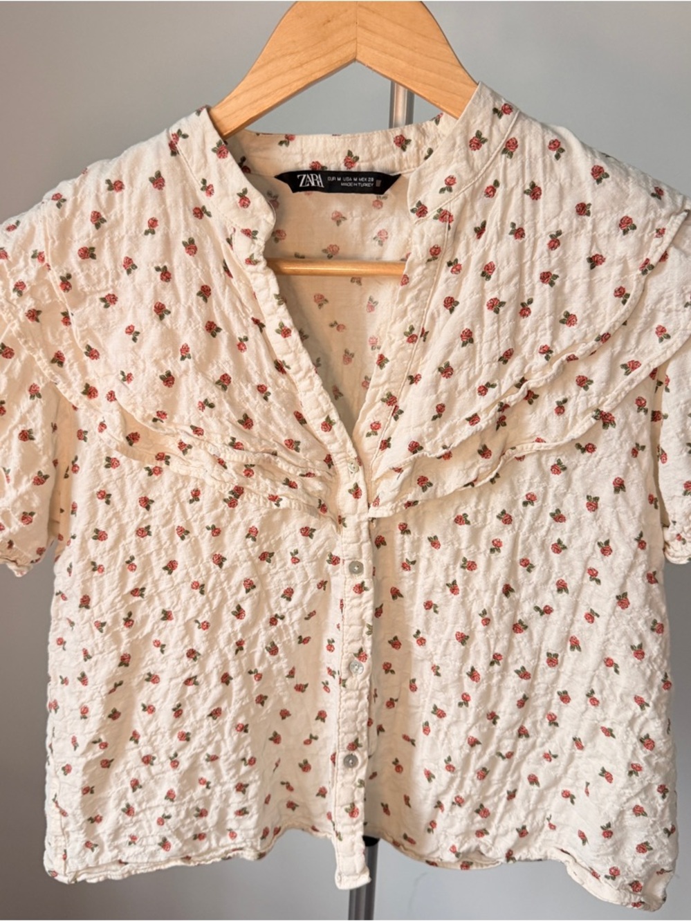 Zara Cream Blouse with Small Red Floral Print Medium Size